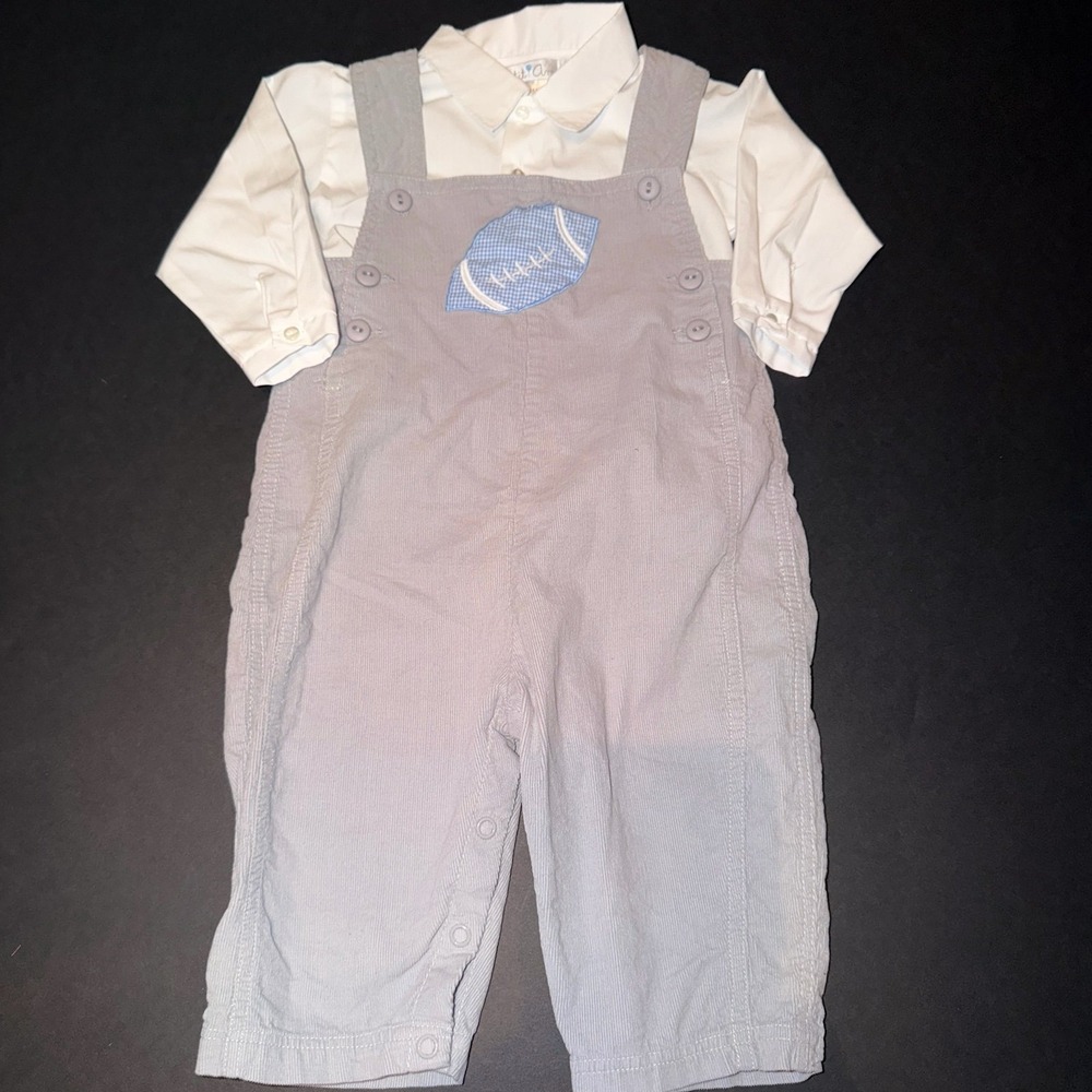 Petit Ami Football Accent‎ Long Sleeve Gray Corduroy Overall Romper 12 M